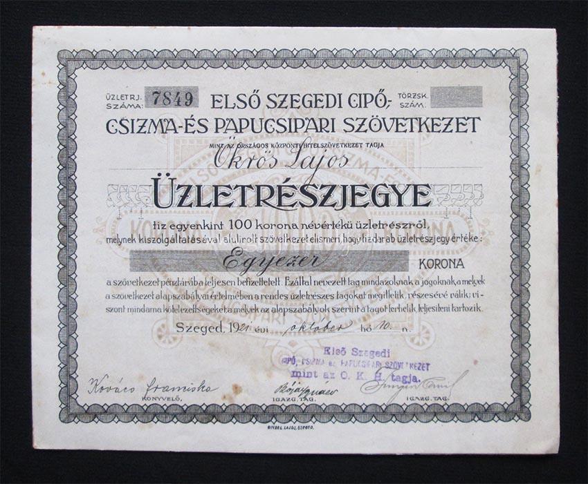 Els Szegedi Cip- Csizma- Papucsipari Szvetkezet 10x 1921 okt